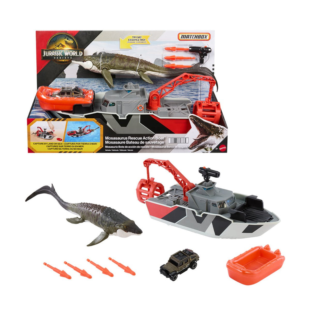 Matchbox Jurassic World Mosasaurus Rescue Action Boat Vehicle