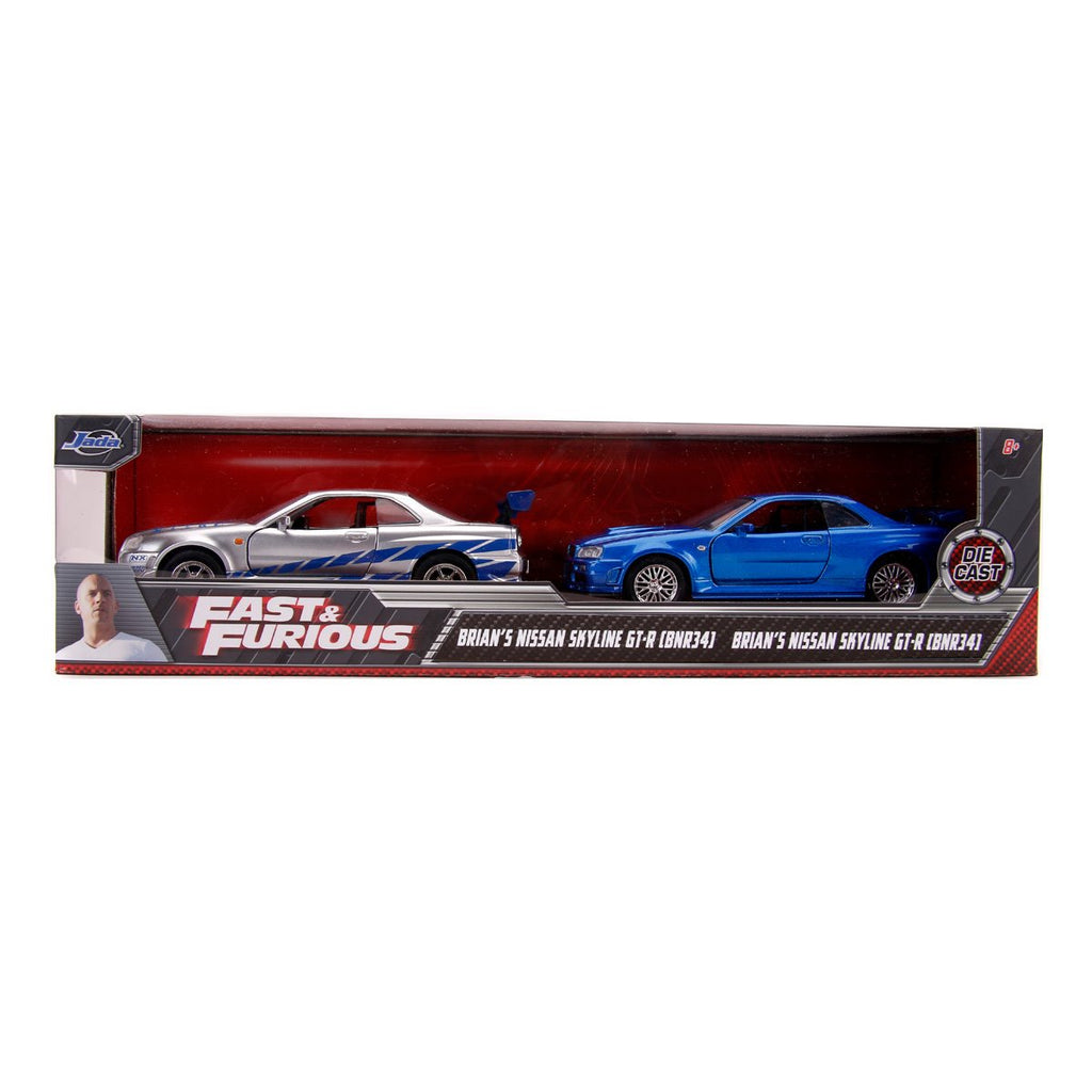 Fast and Furious Brian's Nissan Skyline GT-R R34 Silver and GT-R R34 Blue 1:32 Scale Die-Cast Metal Vehicle  2-Pack