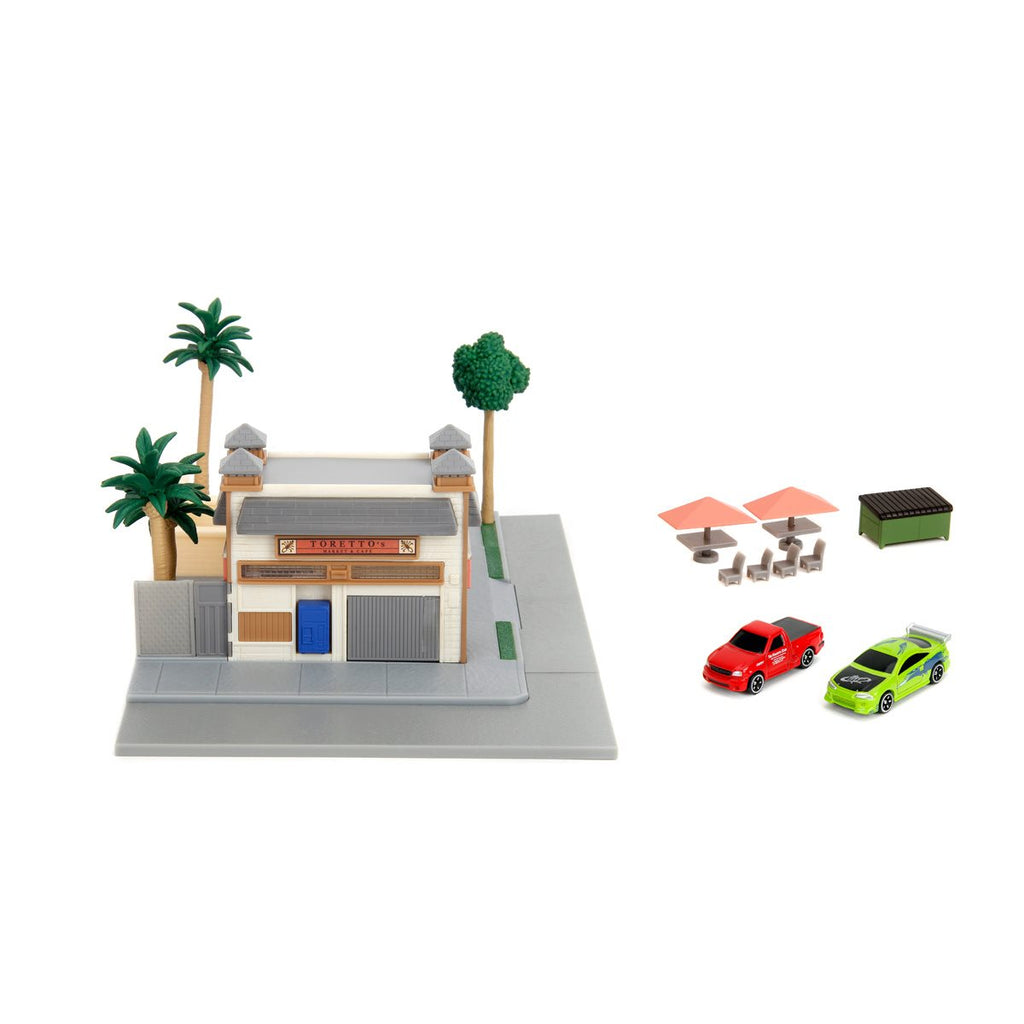 Fast and Furious Torreto's Cafe Hollywood Rides Nano Scene Diorama with Vehicles