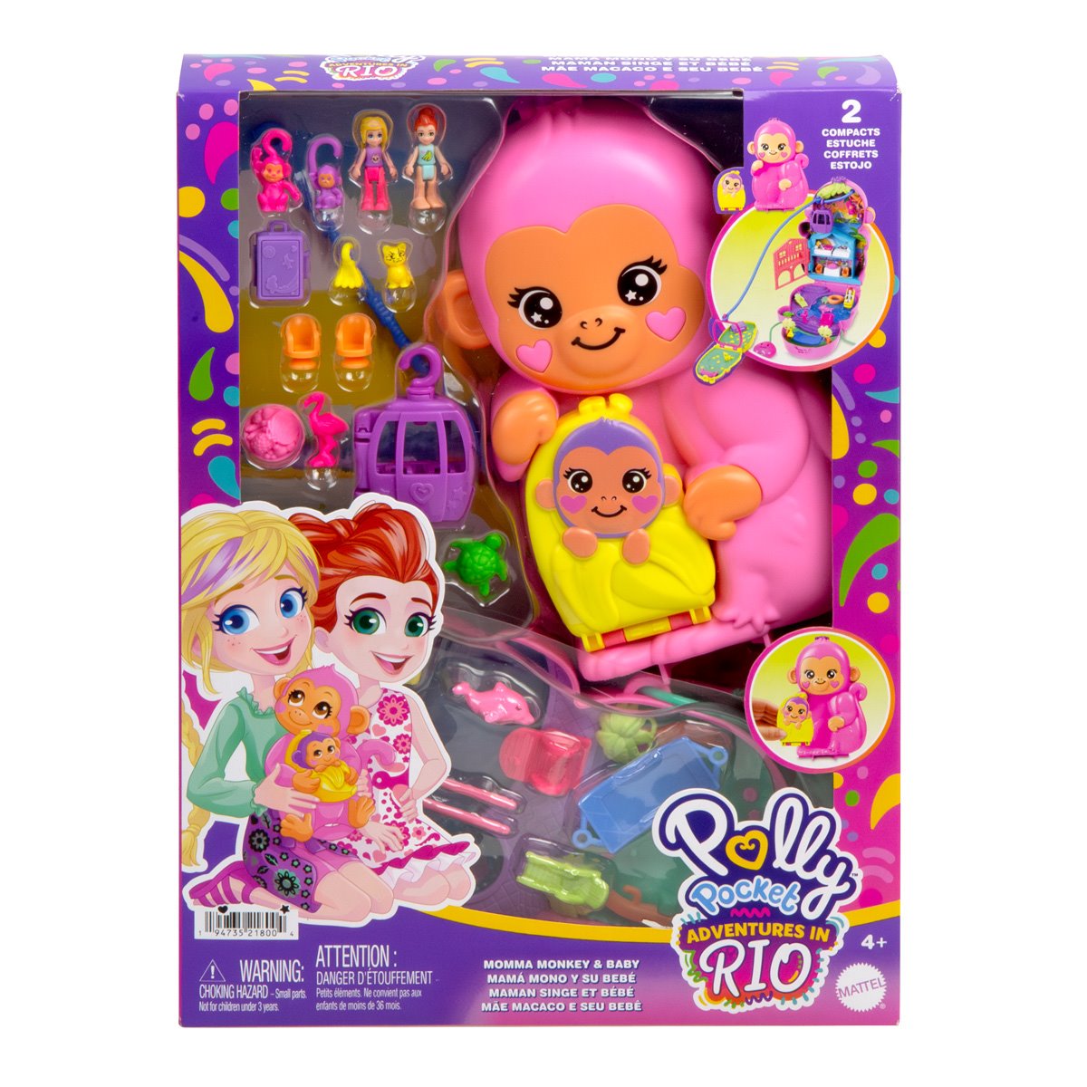 Polly Pocket Adventures in Rio Momma Monkey and Baby Compact Playset
