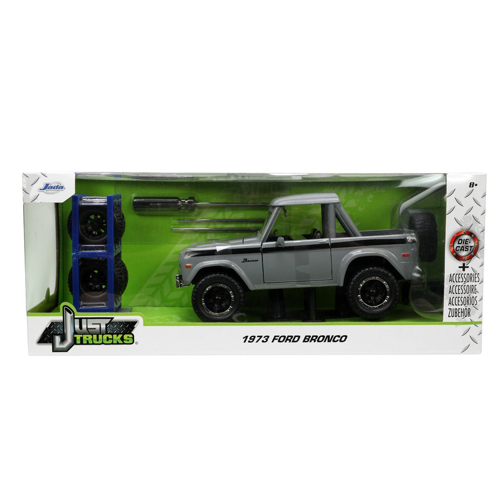 Just Trucks 1973 Ford Bronco Gray 1:24 Scale Die-Cast Metal Vehicle with Tire Rack