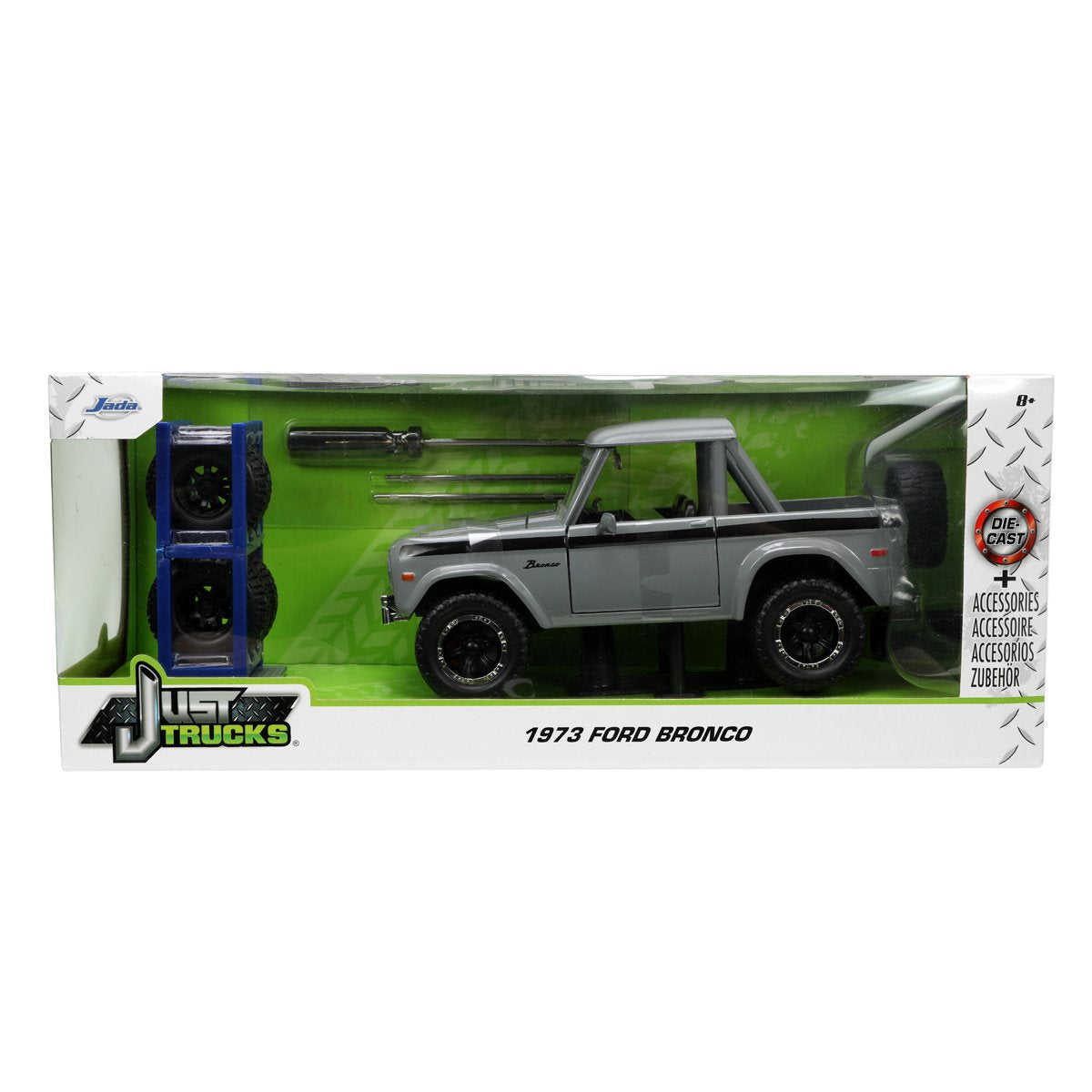 Just Trucks 1973 Ford Bronco Gray 1:24 Scale Die-Cast Metal Vehicle with Tire Rack