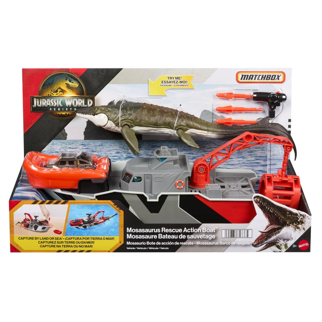 Matchbox Jurassic World Mosasaurus Rescue Action Boat Vehicle