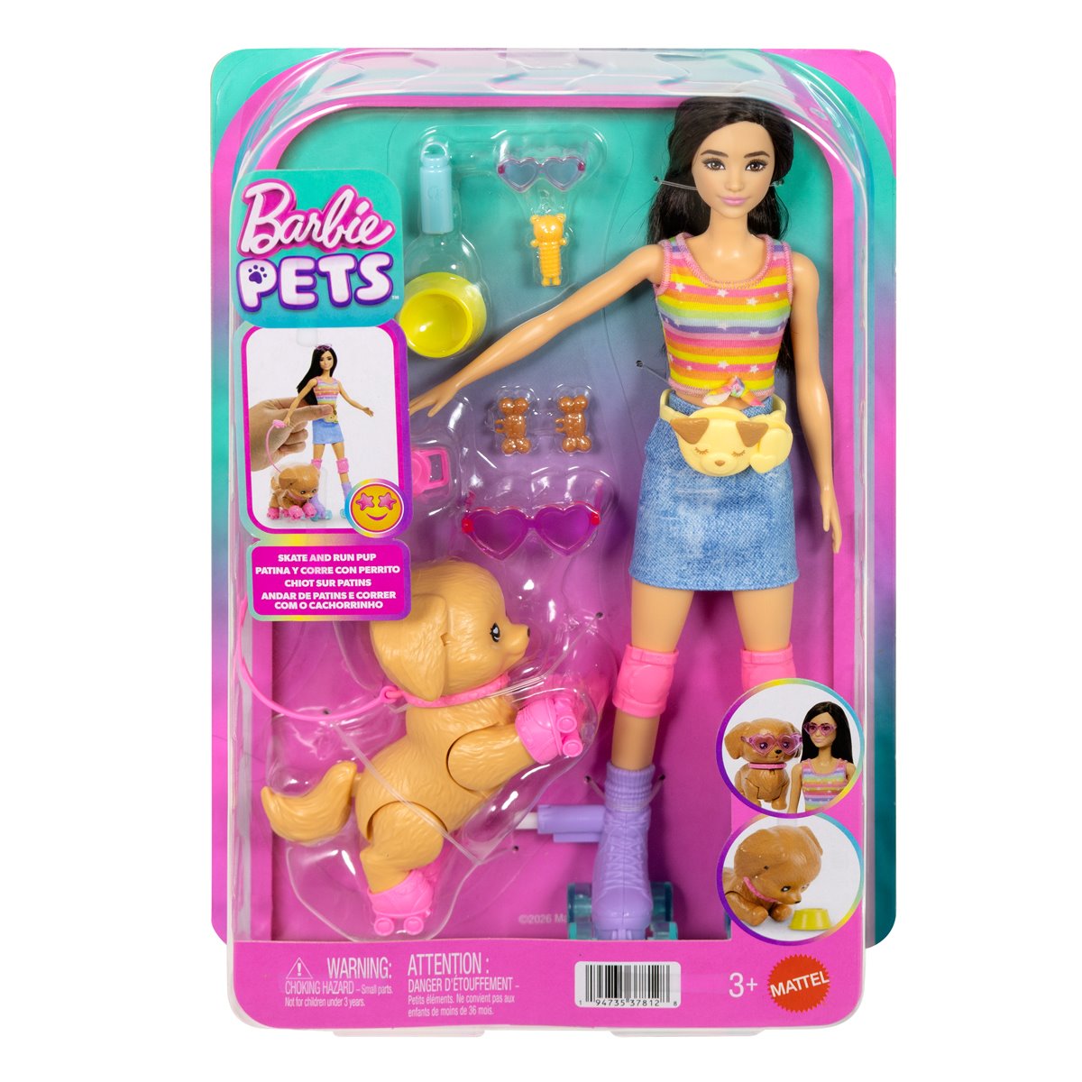 Barbie Skate and Run Pup Doll and Accessories with Brown Hair