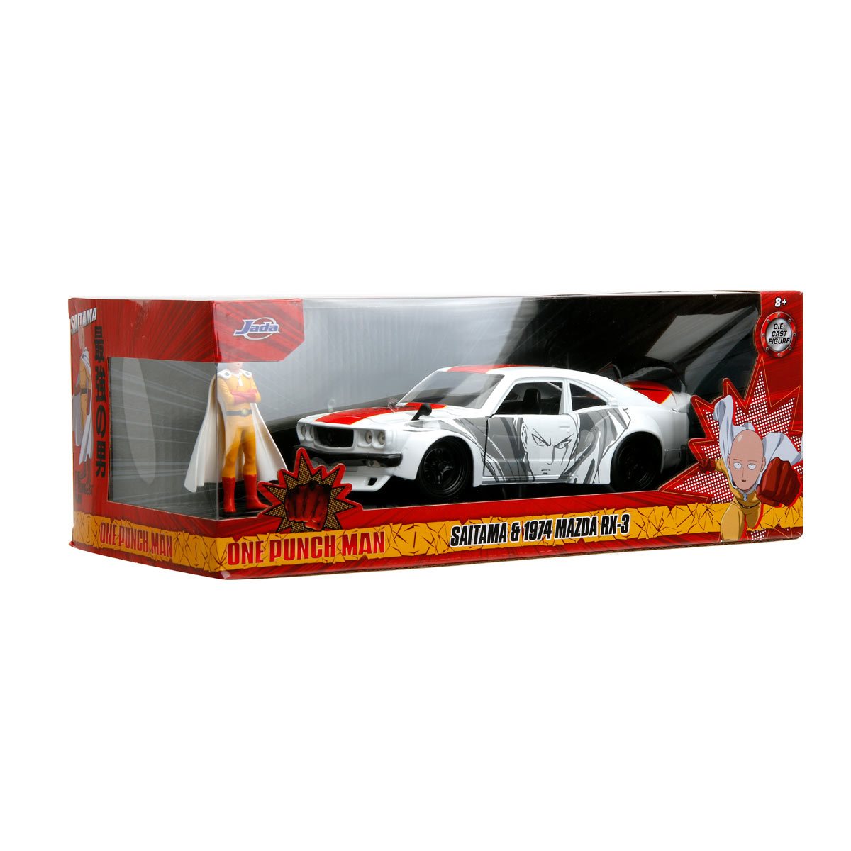 One Punch Man 1974 Mazda RX-3 1:24 Scale Die-Cast Metal Vehicle with Saitama Figure