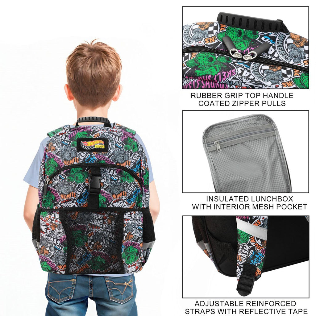 Hot Wheels Monster Trucks All Over Print Youth Backpack Set