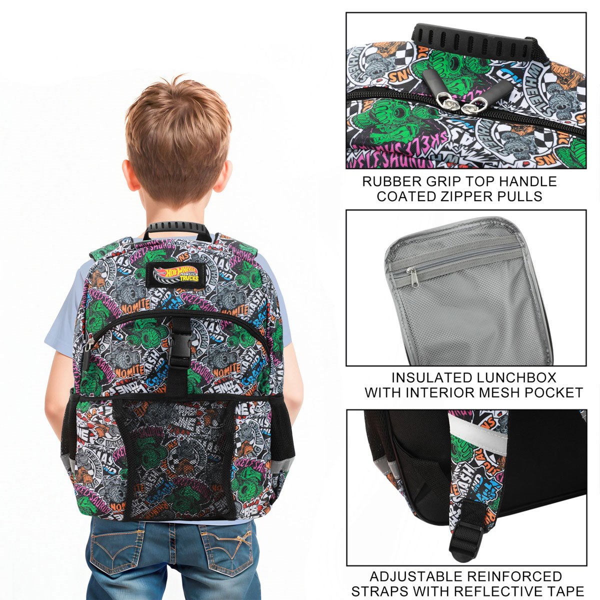 Hot Wheels Monster Trucks All Over Print Youth Backpack Set