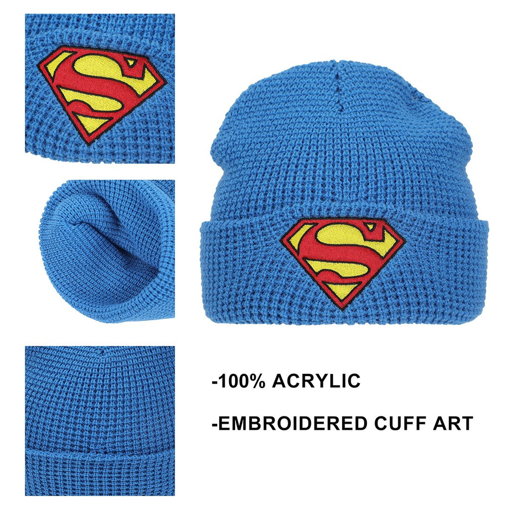 Superman Logo Embroidered Waffle Knit Cuff Beanie