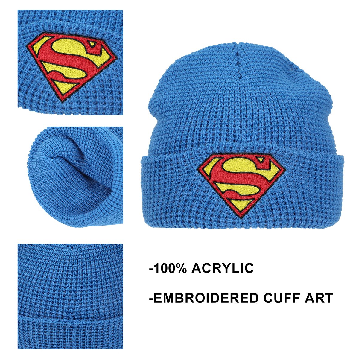 Superman Logo Embroidered Waffle Knit Cuff Beanie