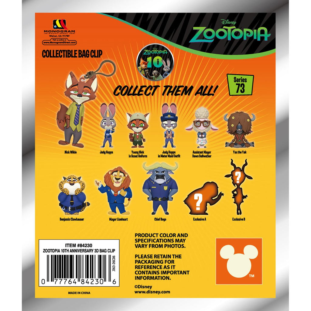 Zootopia 10th Anniversary Series 73 3D Foam Bag Clip Random 6-Pack