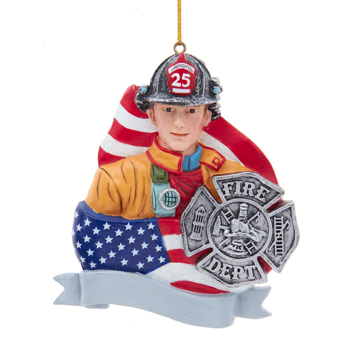 Fireman Flag and Badge 4 1/4-Inch Resin Ornament