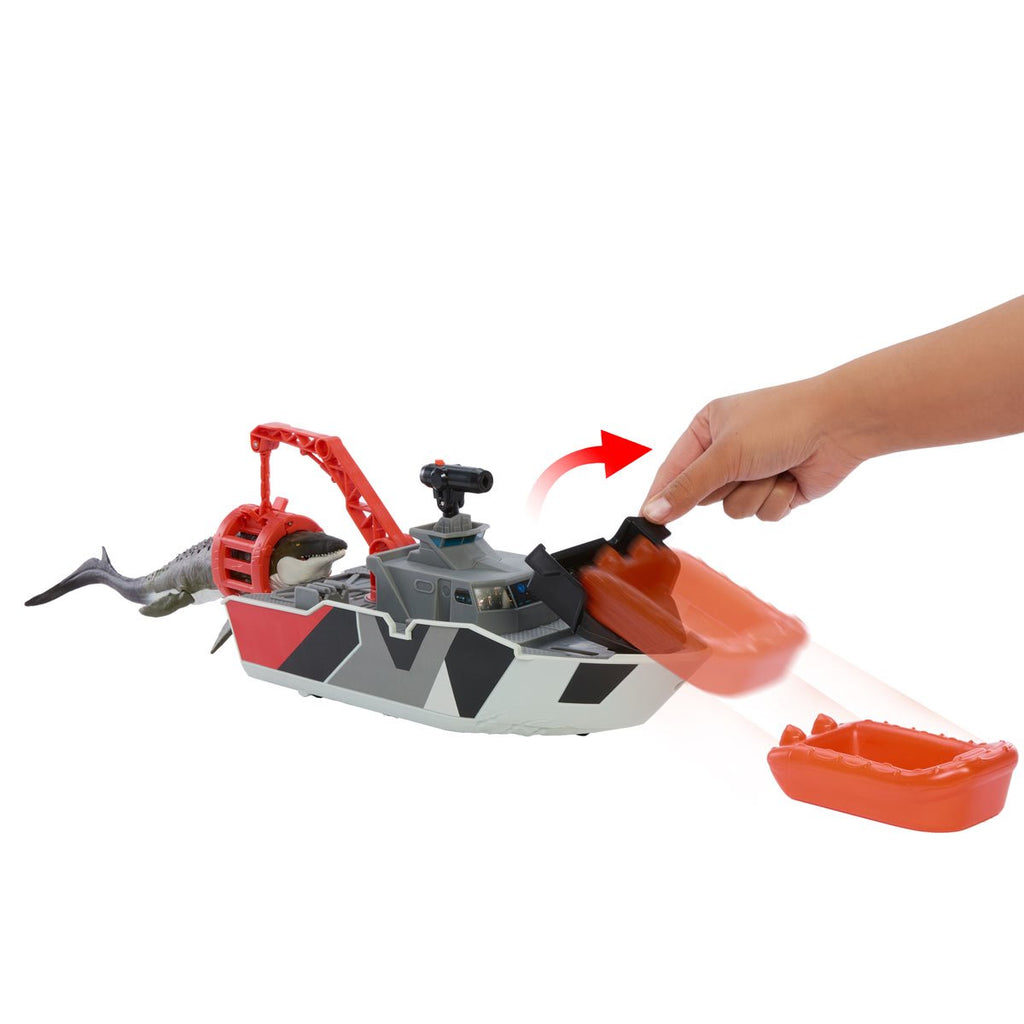 Matchbox Jurassic World Mosasaurus Rescue Action Boat Vehicle
