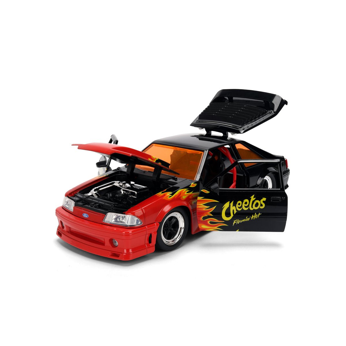Hollywood Rides Cheetos Flamin' Hot 1989 Ford Mustang GT 1:24 Scale Die-Cast Metal Vehicle with Chester Cheetah Figure