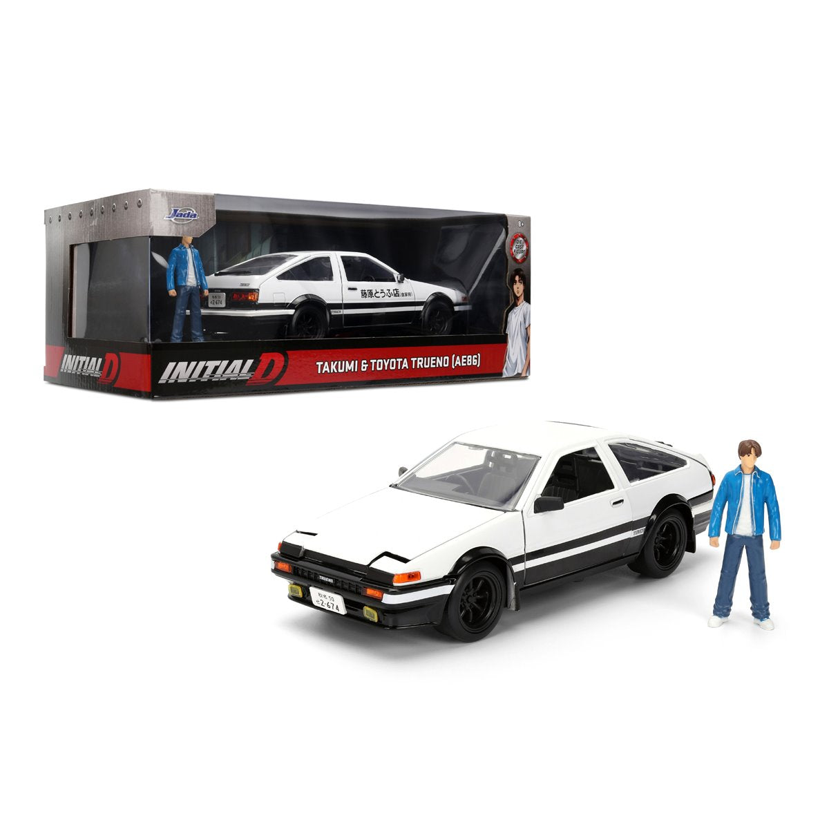 Hollywood Rides Initial D 1986 Toyota Trueno AE86 1:24 Scale Die-Cast Metal Vehicle with Takumi Figure