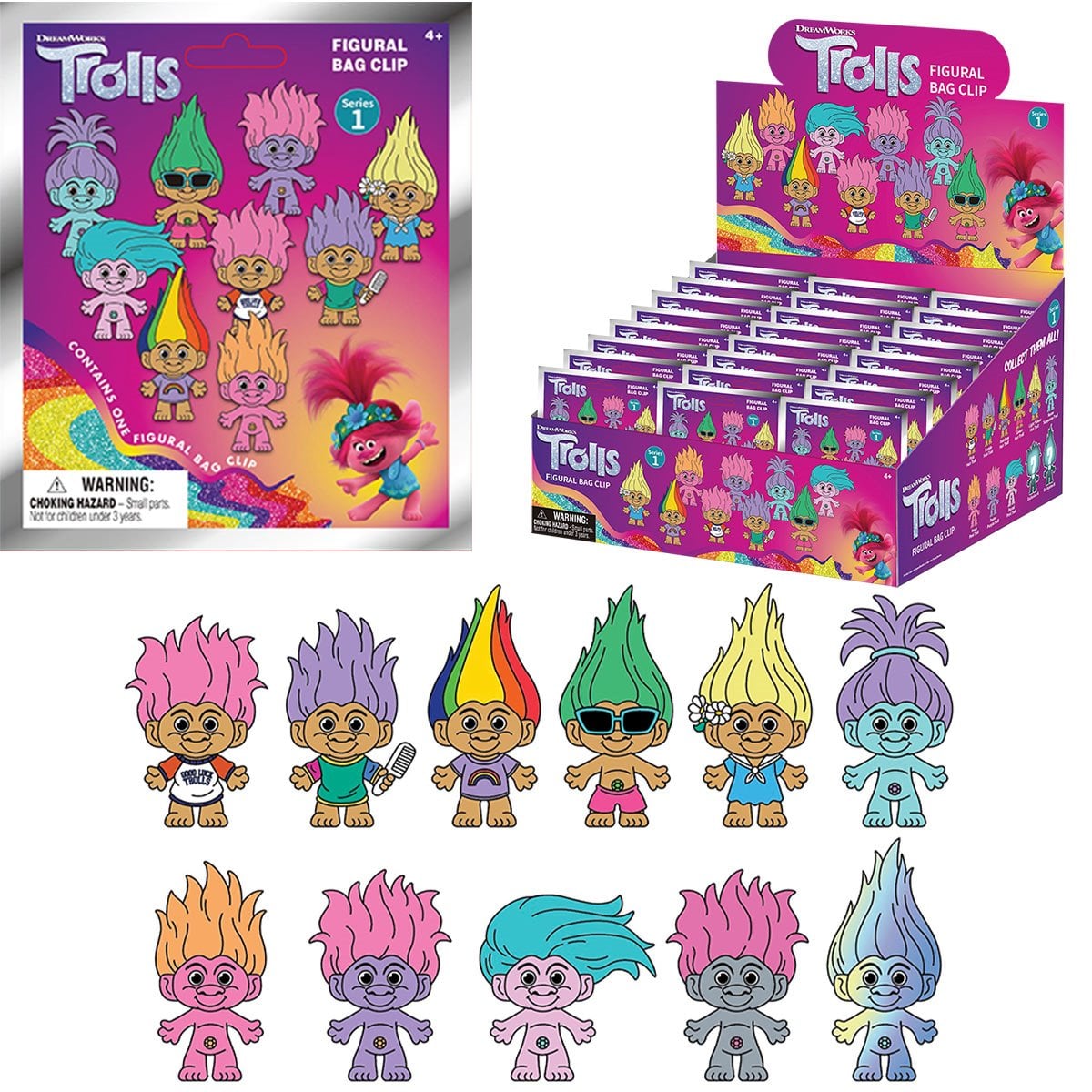 Trolls Good Luck Trolls 3D Foam Bag Clip Display Case of 24