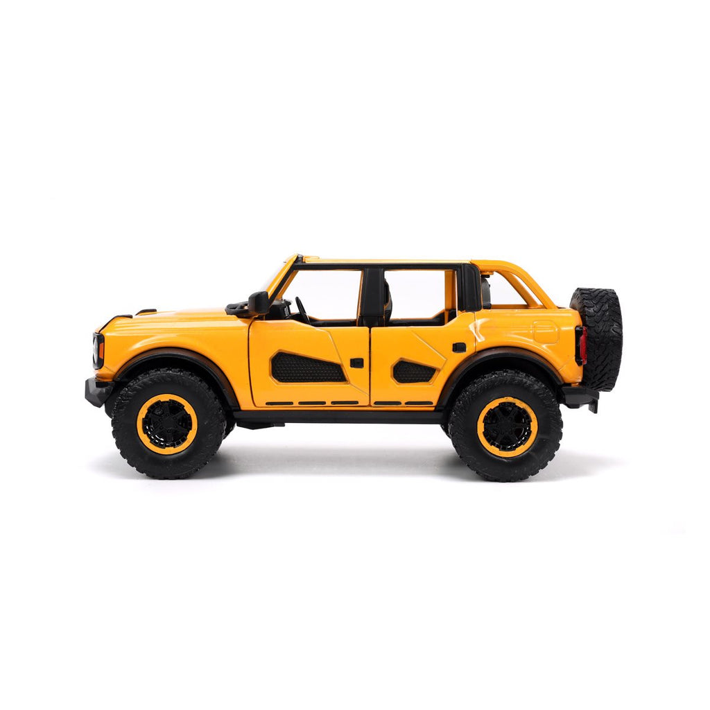 Just Trucks 2021 Ford Bronco Yellow 1:24 Scale Die-Cast Metal Vehicle with Tire Rack