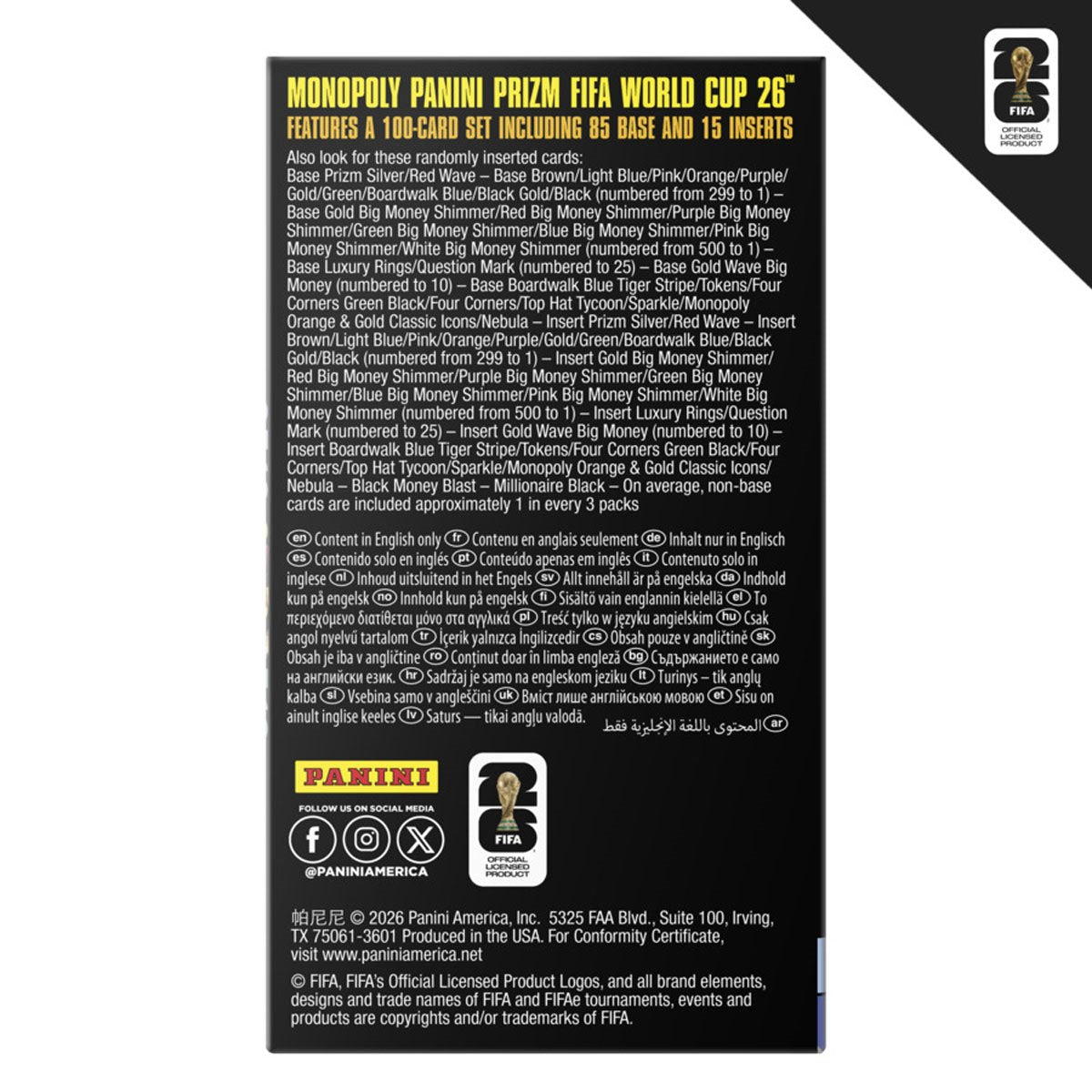 Monopoly Panini Prizm: FIFA World Cup Soccer Trading Cards Booster Box (6 packs per box)