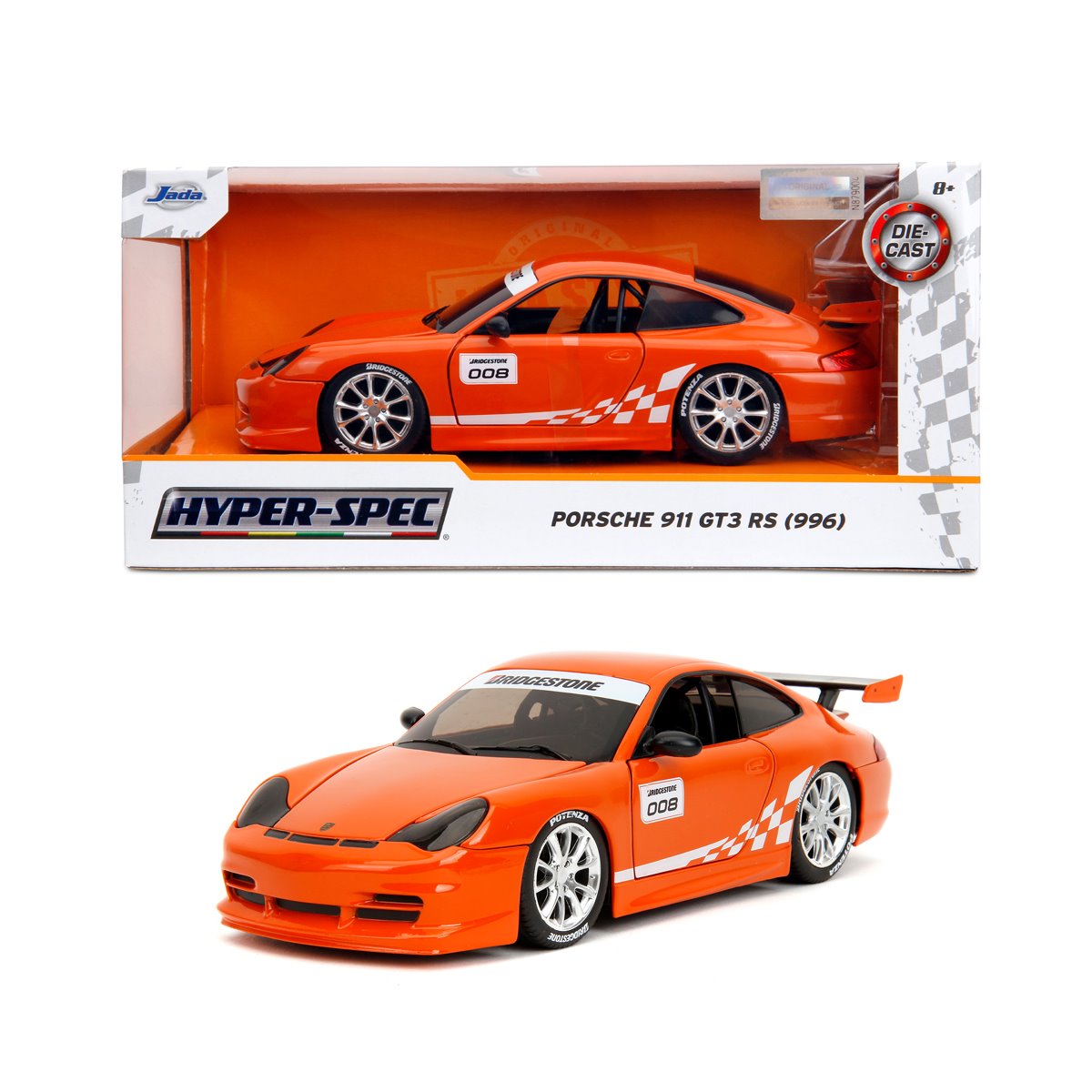 Hyper-Spec Porsche 911 GT3 RS 996 Glossy Orange 1:24 Scale Die-Cast Metal Vehicle