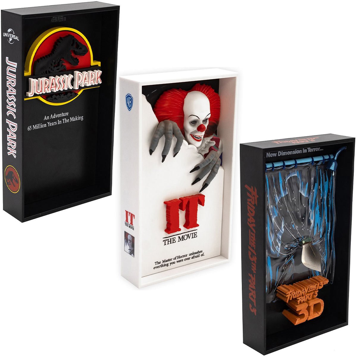 3-Deep VHS Jurassic Park, Friday the 13th, and IT Statue Bundle of 3
