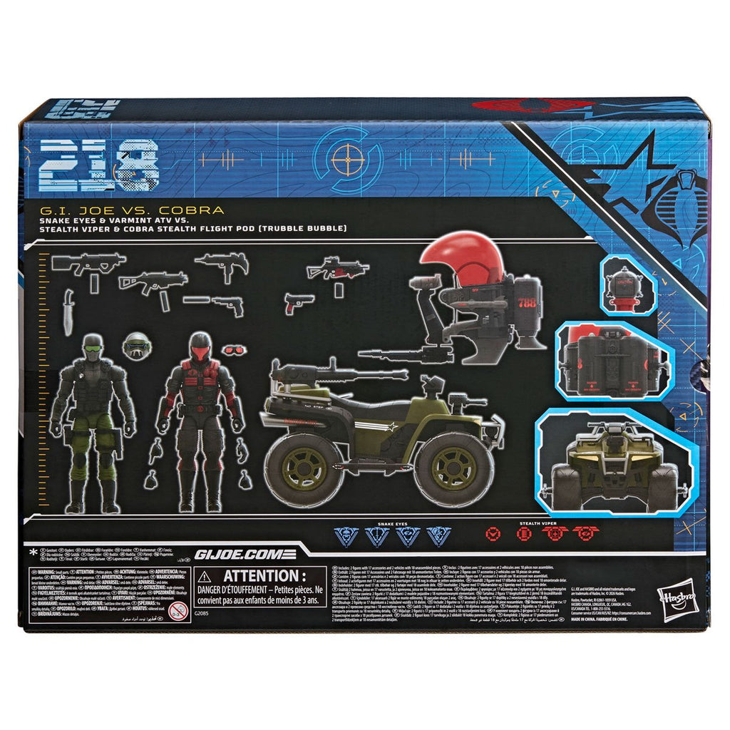 G.I. Joe Classified Series Snake Eyes & Varmint ATV vs. Stealth Viper & Cobra Stealth Flight Pod (Trubble Bubble) Set