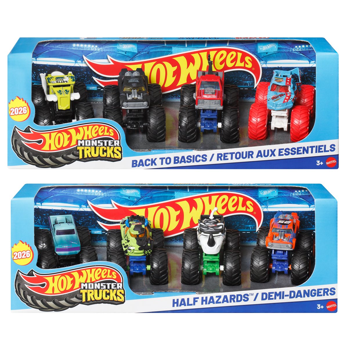 Hot Wheels Monster Trucks 1:64 Scale Vehicle 4-Pack 2026 Back to Basics/Half n Half Mix 1 Case of 6
