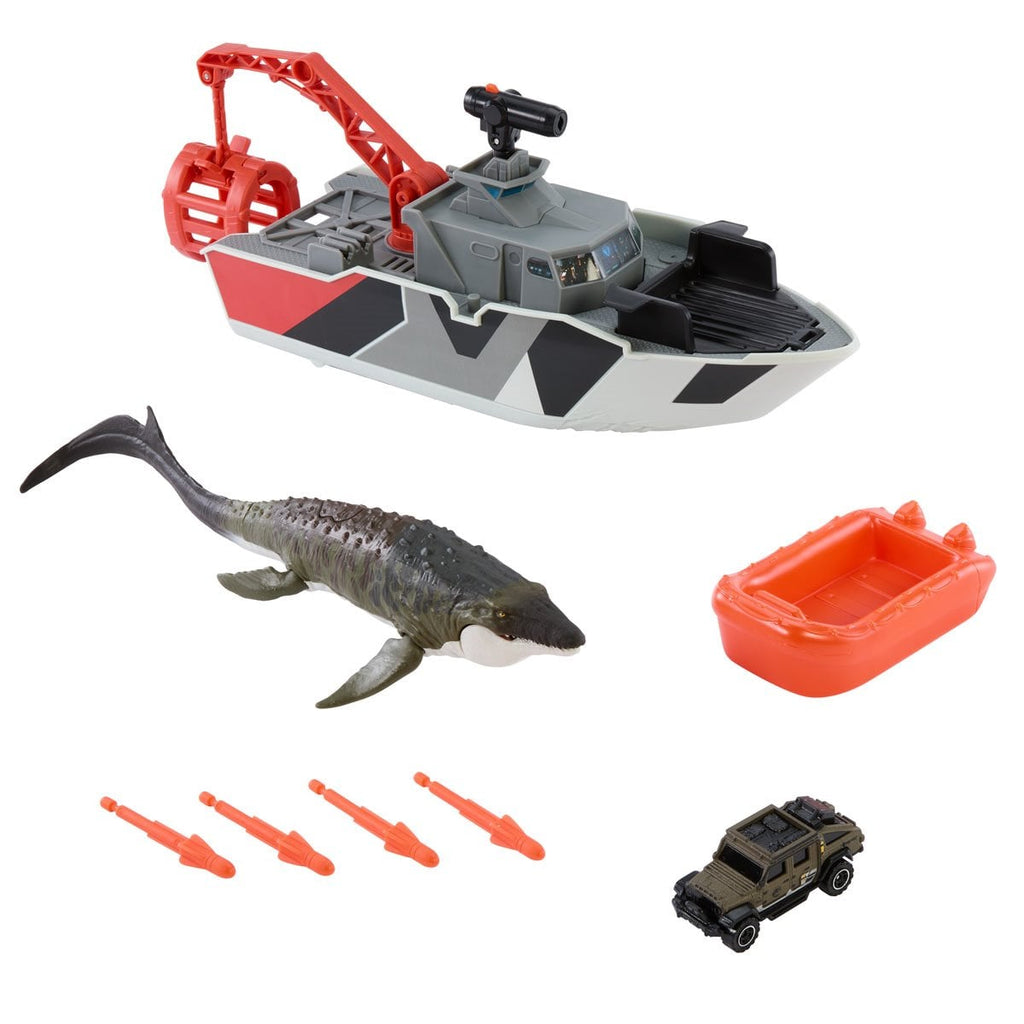 Matchbox Jurassic World Mosasaurus Rescue Action Boat Vehicle