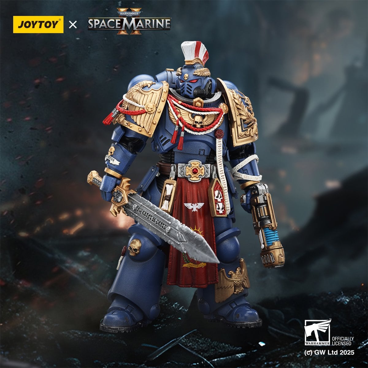 Joy Toy Warhammer Space Marine Ultramarine Relic Primus Armour Plasma Pistol and Combat Blade 1:18 Scale Action Figure