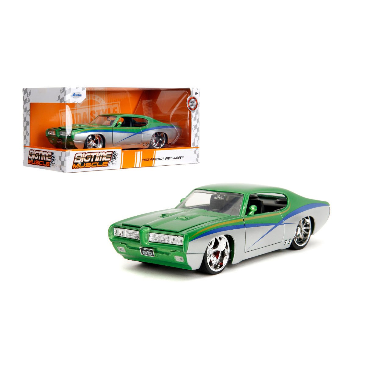 Bigtime Muscle 1969 Pontiac GTO Candy Silver and Green 1:24 Scale Die-Cast Metal Vehicle