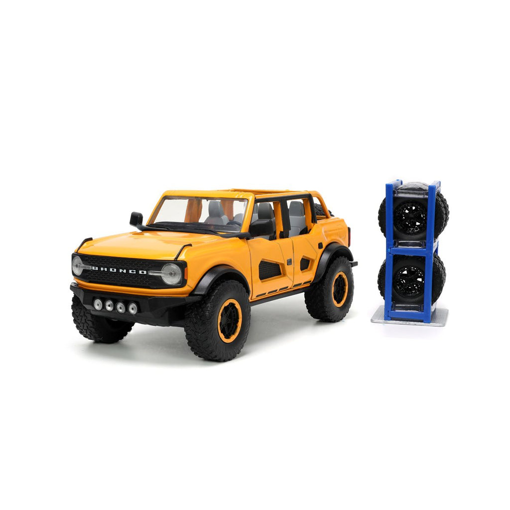 Just Trucks 2021 Ford Bronco Yellow 1:24 Scale Die-Cast Metal Vehicle with Tire Rack