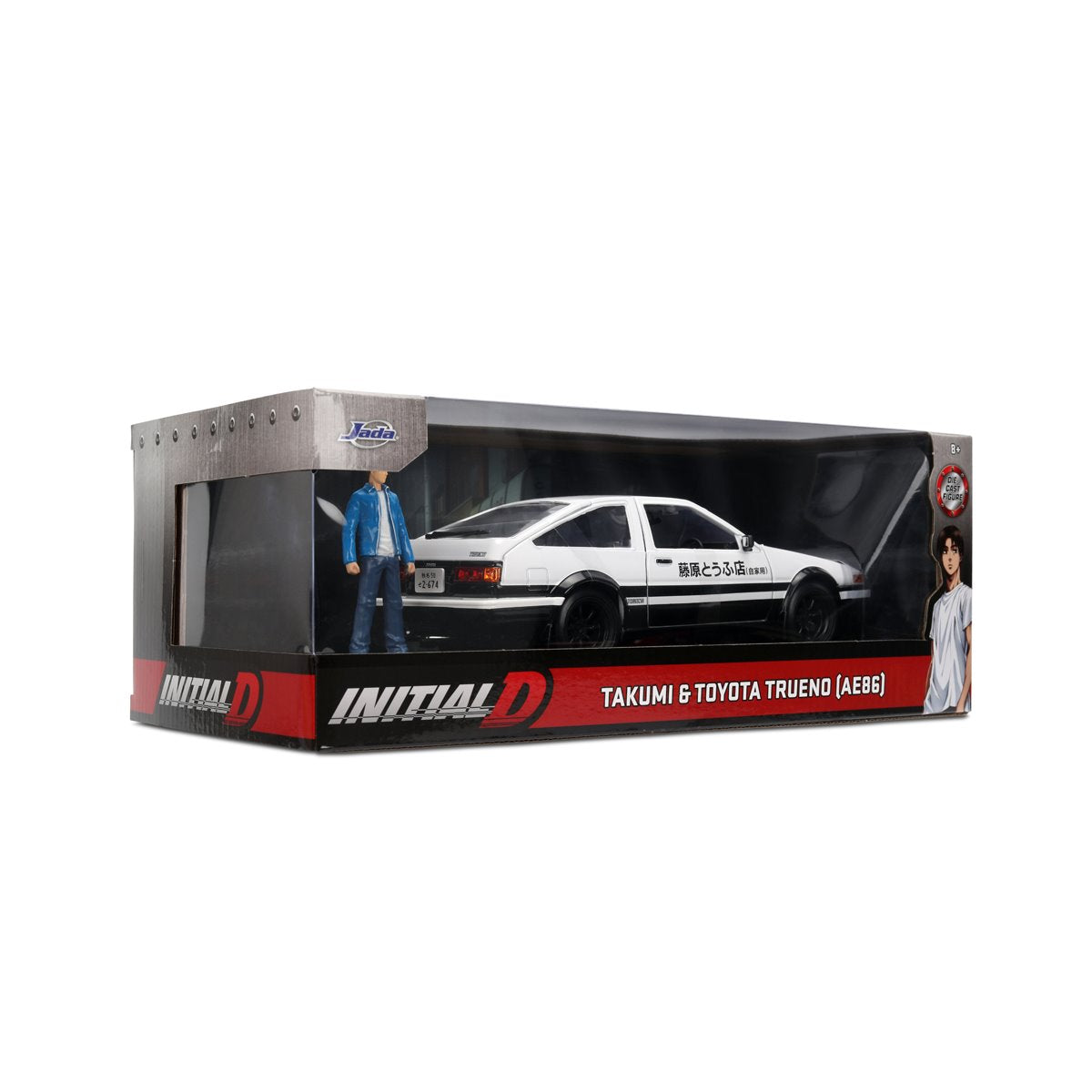 Hollywood Rides Initial D 1986 Toyota Trueno AE86 1:24 Scale Die-Cast Metal Vehicle with Takumi Figure