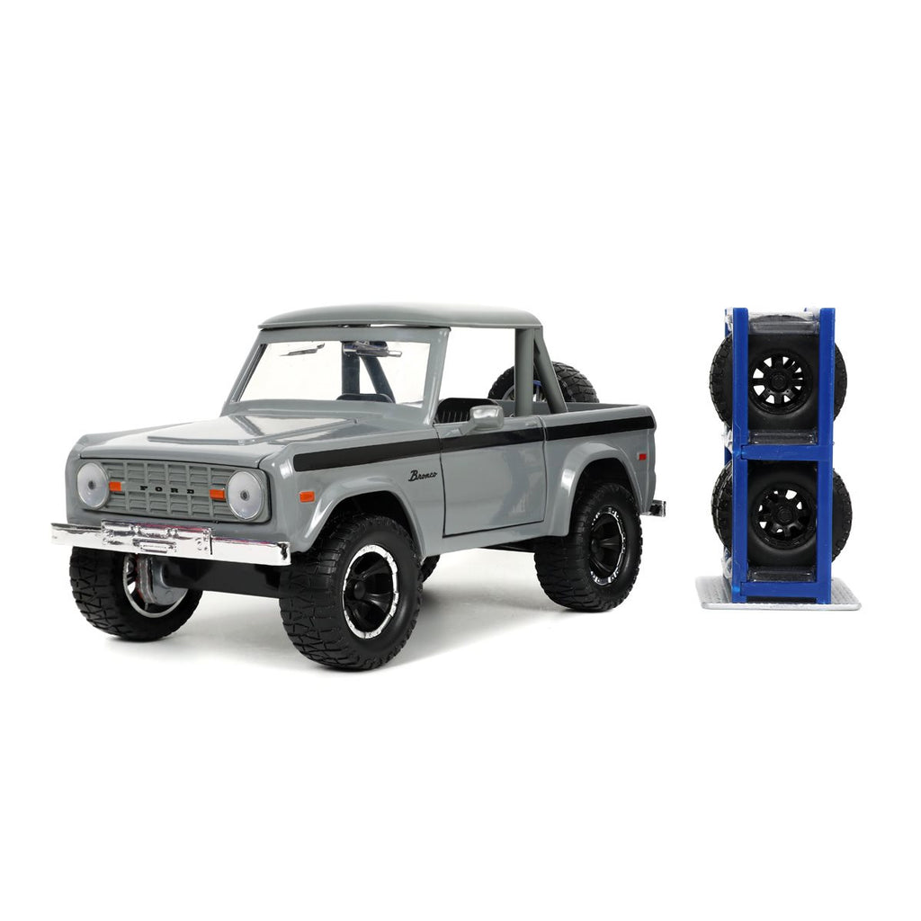 Just Trucks 1973 Ford Bronco Gray 1:24 Scale Die-Cast Metal Vehicle with Tire Rack