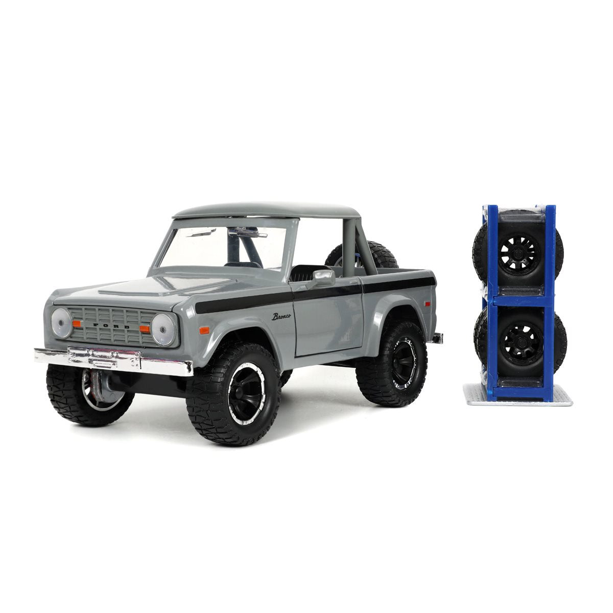 Just Trucks 1973 Ford Bronco Gray 1:24 Scale Die-Cast Metal Vehicle with Tire Rack